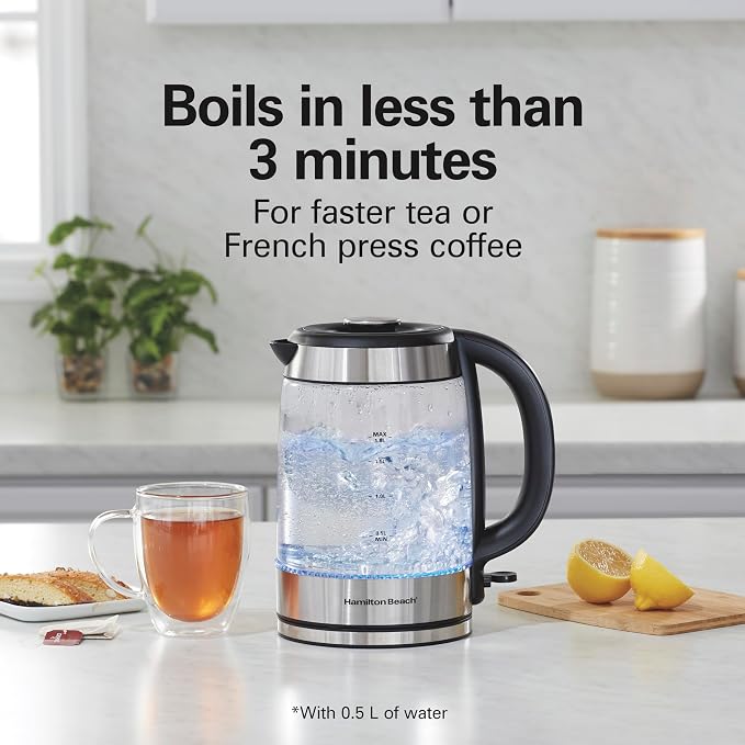 Hamilton Beach Electric Tea Kettle, Water Boiler & Heater, 1.8 Liter, 1500 Watts for Fast Boiling, BPA Free, Cordless Serving, Auto-Shutoff & Boil-Dry Protection, Blue LED, Glass (40853C)