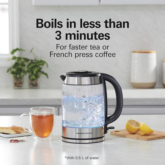 Hamilton Beach Electric Tea Kettle, Water Boiler & Heater, 1.8 Liter, 1500 Watts for Fast Boiling, BPA Free, Cordless Serving, Auto-Shutoff & Boil-Dry Protection, Blue LED, Glass (40853C)