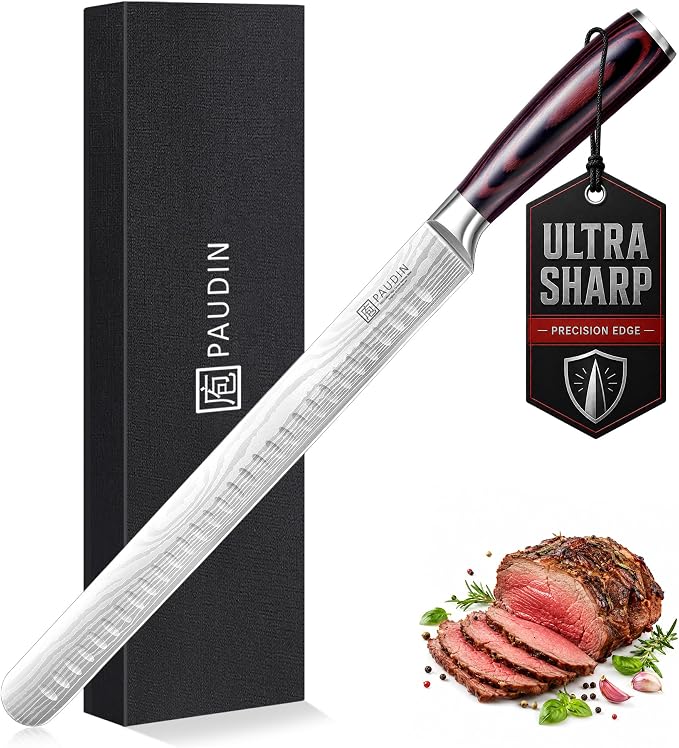 PAUDIN Brisket Knife, 12 Inch Carving Knife Stainless Steel Brisket Slicing Knifes with Granton Edge for Meat Cutting, Roasts, BBQ, Turkey - Grilling Gifts for Men
