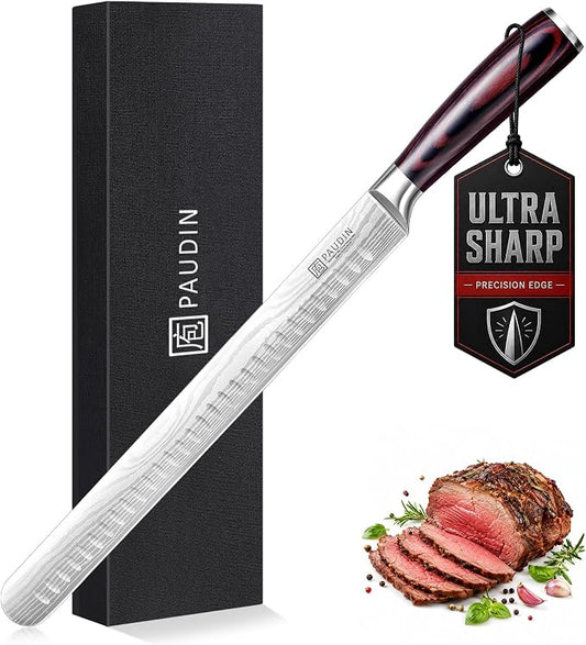 PAUDIN Brisket Knife, 12 Inch Carving Knife Stainless Steel Brisket Slicing Knifes with Granton Edge for Meat Cutting, Roasts, BBQ, Turkey - Grilling Gifts for Men
