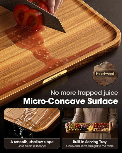 Starkbear Acacia Wood Cutting Board 15x11 Inch, Core-Cut Wooden Chopping Block for Kitchen with Sloped Juice Groove, Sleek Reversible Charcuterie Cheese Serving Tra