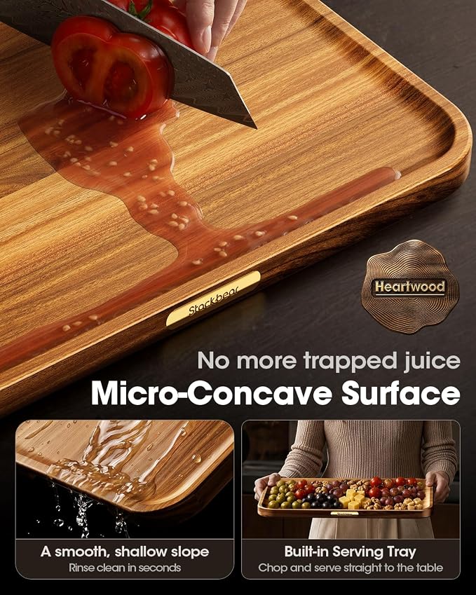 Starkbear Acacia Wood Cutting Board Set of 3 with Stand, Core-Cut Non Slip Wooden Chopping Block, Sloped Juice Groove Reversible Charcuterie Serving Tray for Modern Kitchen Gift