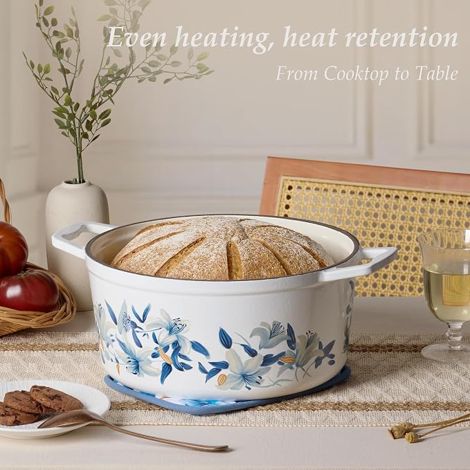CAROTE 7 QT Enameled Floral Cast Iron Dutch Oven Pot with Lid, Cotton Potholders & Oven Gloves, Cast Iron Pot for Sourdough Bread Baking, All Stovetop Compatible, Oven Safe up to 500° F, White & Blue