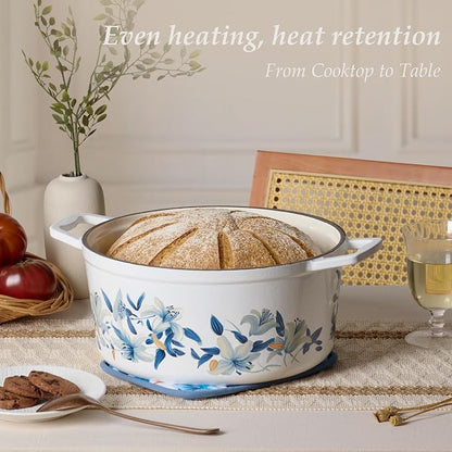 CAROTE 7 QT Enameled Floral Cast Iron Dutch Oven Pot with Lid, Cotton Potholders & Oven Gloves, Cast Iron Pot for Sourdough Bread Baking, All Stovetop Compatible, Oven Safe up to 500° F, White & Blue