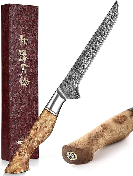 HEZHEN 6-Inch Boning Knife – 67 Layers Damascus Steel, Professional Meat Trimming & Deboning Knife for Home Cooking, Figured Sycamore Handle