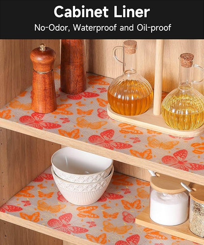 Reusable Non-Adhesive Drawer and Shelf Liner for Kitchen Cabinets - Waterproof Shelf Paper, Easy to Cut and Install - Suitable for Cabinets, Drawers, Shelves, and Desks(Red Butterfly, 23.6"W x 236"L)