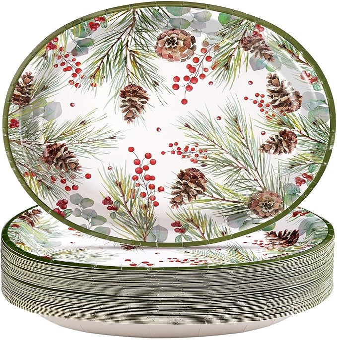 50Pcs Christmas Oval Paper Plates 10" x 12" Large Heavy Duty Watercolor Xmas Pine Cones Disposable Plates Winter Eucalyptus Holly Berry Dessert Platters for Merry Christmas Party Supplies Decor