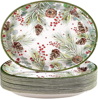50Pcs Christmas Oval Paper Plates 10" x 12" Large Heavy Duty Watercolor Xmas Pine Cones Disposable Plates Winter Eucalyptus Holly Berry Dessert Platters for Merry Christmas Party Supplies Decor