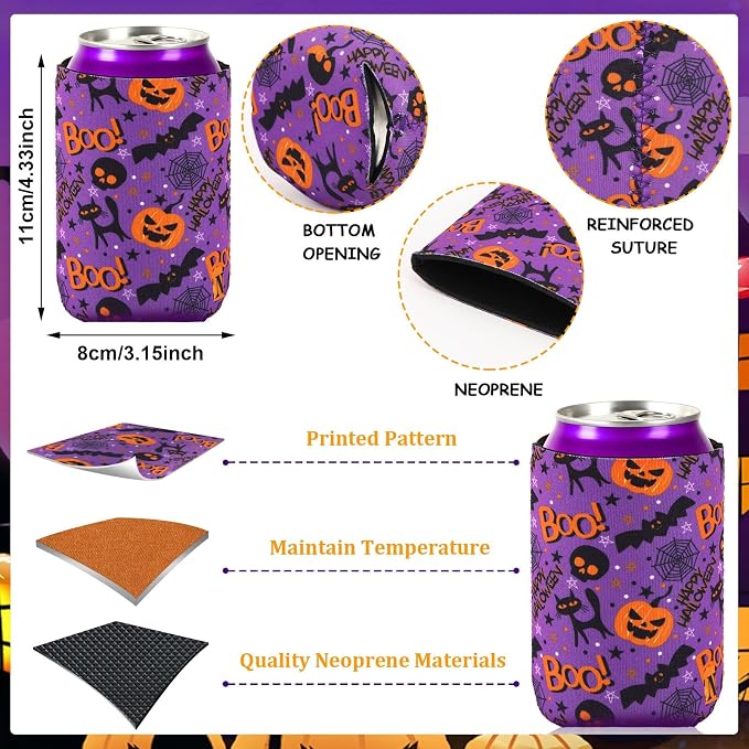 Halloween Can Cooler Sleeves, 18pcs Halloween 12 oz Cold Drinks Beer Drink Can Bottle Cooler Sleeves for Halloween Party Favors Decorations Supplies