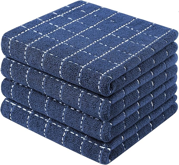 Mordimy 100% Cotton Terry Cloth Kitchen Towels, Super Soft and Absorbent Dish Towels for Drying, Checkered Designed Hand Towels for Kitchen, 13 x 28 Inches, 4 Pack, Navy Blue