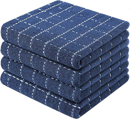 Mordimy 100% Cotton Terry Cloth Kitchen Towels, Super Soft and Absorbent Dish Towels for Drying, Checkered Designed Hand Towels for Kitchen, 13 x 28 Inches, 4 Pack, Navy Blue