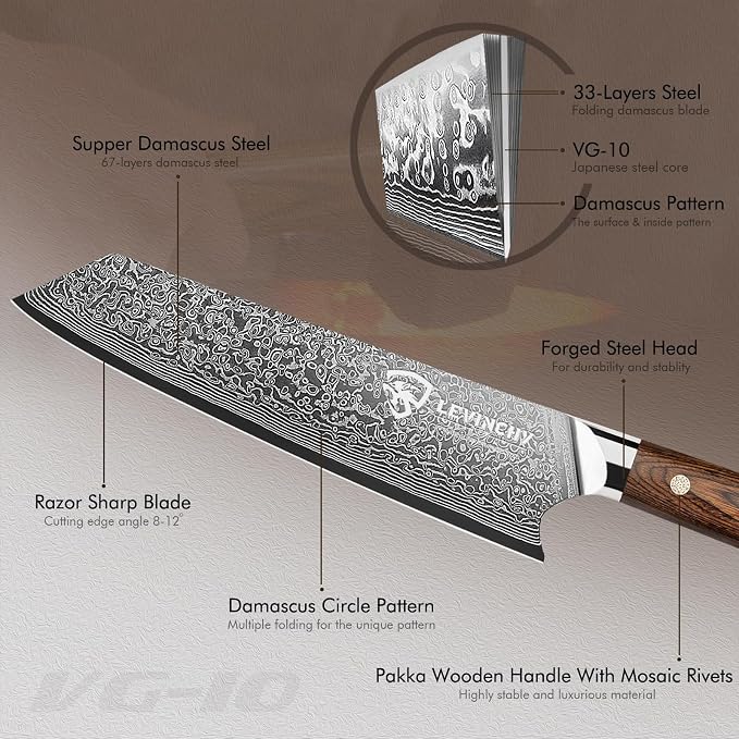 Damascus Chef Knife 8 inch with Ergonomic Pakka Wood Handle, Professional Japanese Damascus Steel Kitchen Knife