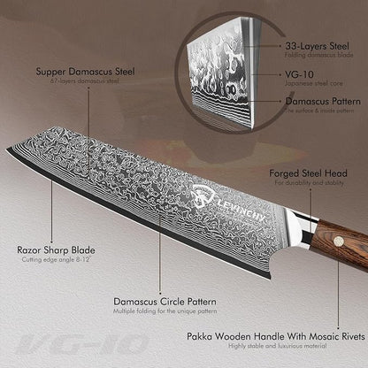 Damascus Chef Knife 8 inch with Ergonomic Pakka Wood Handle, Professional Japanese Damascus Steel Kitchen Knife
