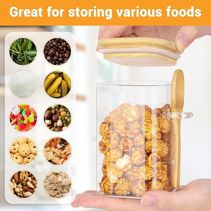 Glass Jars with Bamboo Lids and Spoon - 4 Pack 18 Fl.oz Square Glass Jars with Airtight Lid, Includes Labels and Marker, Pantry Storage Cointainer for Overnight Oat, Salad, Sugar Tea Canister