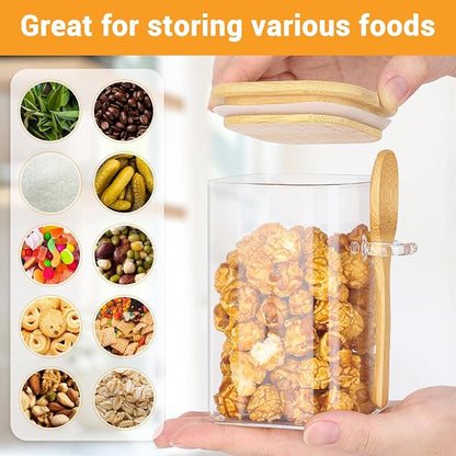 Glass Jars with Bamboo Lids and Spoons - 6 Pack 18 Fl.oz Square Glass Containers Set, Includes Labels and Marker, Clear Pantry Storage Container for Sugar, Coffee Bean, Flour, Tea, Cookies, Nuts