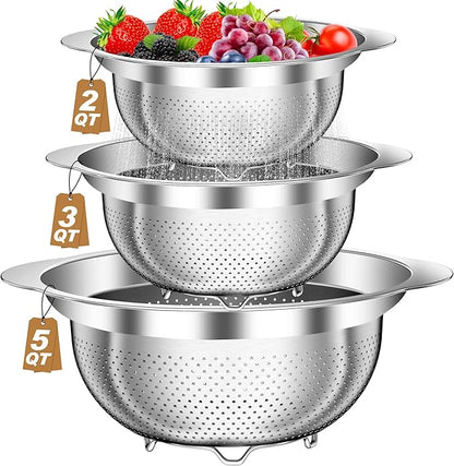 Colander, Stainless Steel Colander for Kitchen, 3Pcs Kitchen Gadget Food Strainer Basket with Handle, Kitchen Strainer Colanders Bowl for Pasta Noodles Spaghetti Vegetables Fruit (2QT, 3QT, 5QT)