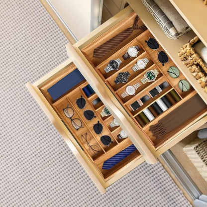 Large Premium Acacia Silverware Organizer - Expandable Drawer Organizer & Utensil Organizer - 17"x19.7" Cutlery Tray with Dividers for Kitchen Utensils and Flatware (7-9 Slots) Acacia