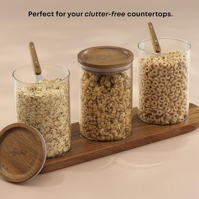 JoyJolt Holden 32oz Stackable Glass Storage Containers with Lids Scoops and Tray, Clear Airtight Food Canister Set of 3 w/Acacia Wood Lids, Round Stacking Pantry and Kitchen Containers w/Scoop
