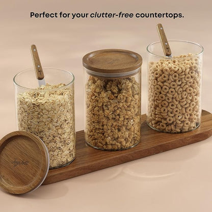 JoyJolt Holden 32oz Stackable Glass Storage Containers with Lids Scoops and Tray, Clear Airtight Food Canister Set of 3 w/Acacia Wood Lids, Round Stacking Pantry and Kitchen Containers w/Scoop