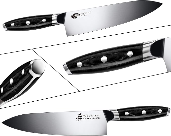 TUO Chef Knife -Professional Kitchen Chefs Knife Cooking Knife Gyuto Knives 8 Inch,Razor Sharp German HC Steel Japanese Chef Knife with Ergonomic Pakkawood Handle - BLACK HAWK SERIES in Gift Box