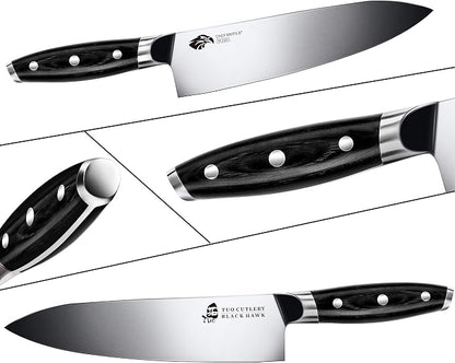 TUO Chef Knife -Professional Kitchen Chefs Knife Cooking Knife Gyuto Knives 8 Inch,Razor Sharp German HC Steel Japanese Chef Knife with Ergonomic Pakkawood Handle - BLACK HAWK SERIES in Gift Box