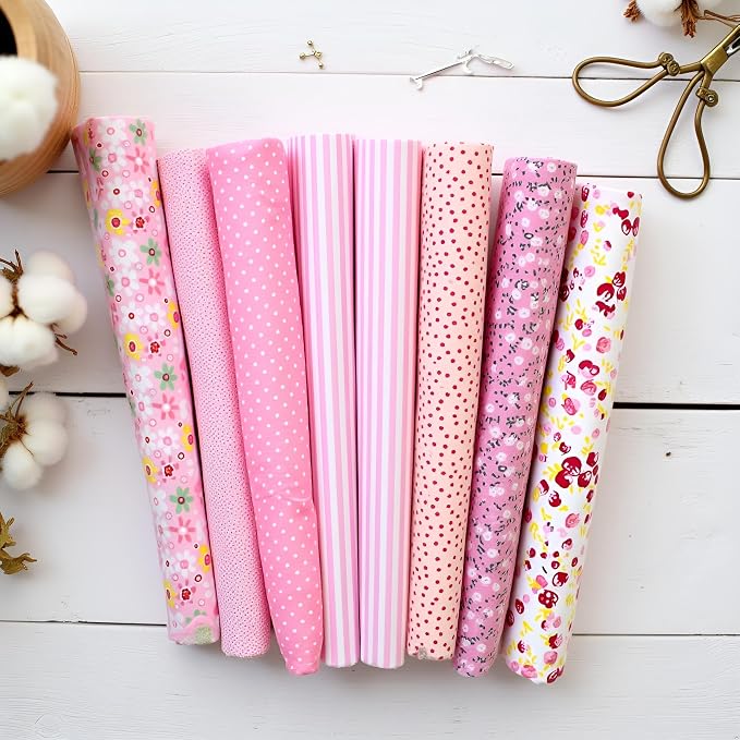 7Pcs Square Shape, Flower, Striped, Polka Dot Cotton Fabric for Sewing, 25x25cm Cotton Flower Polka Dot Bundle DIY Patchwork Quilt Cloth,Craft and Hobby Fabric (Pink)