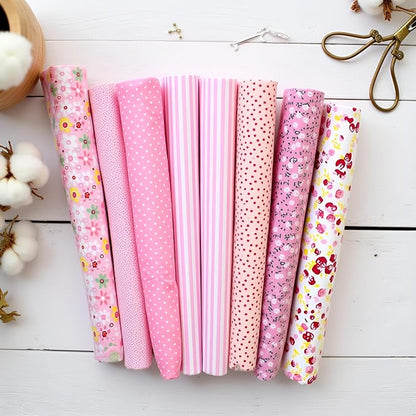 7Pcs Square Shape, Flower, Striped, Polka Dot Cotton Fabric for Sewing, 25x25cm Cotton Flower Polka Dot Bundle DIY Patchwork Quilt Cloth,Craft and Hobby Fabric (Pink)