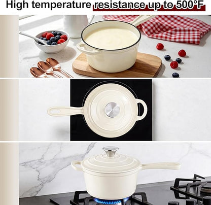 2Qt Enameled Cast Iron Sauce Pan, Leonyo Dutch Oven Pot with Lid, Non Stick Cooking Simmer Pots Induction Kitchen Cookware for All Cooktops Baking Bread, Soup, Ramen - Up to 500°F, Cream White