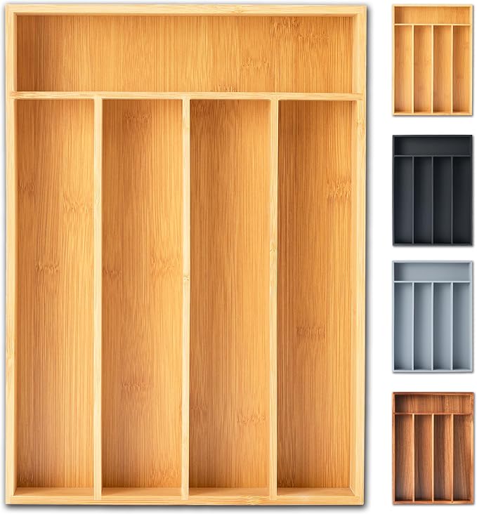 Silverware Organizer, 10 Inch Utensil Organizer Kitchen Drawer Organizer Bamboo Silverware Holder Cutlery Tray Organizer in Drawer Flatware Organizer Tray(5 slots, Natural