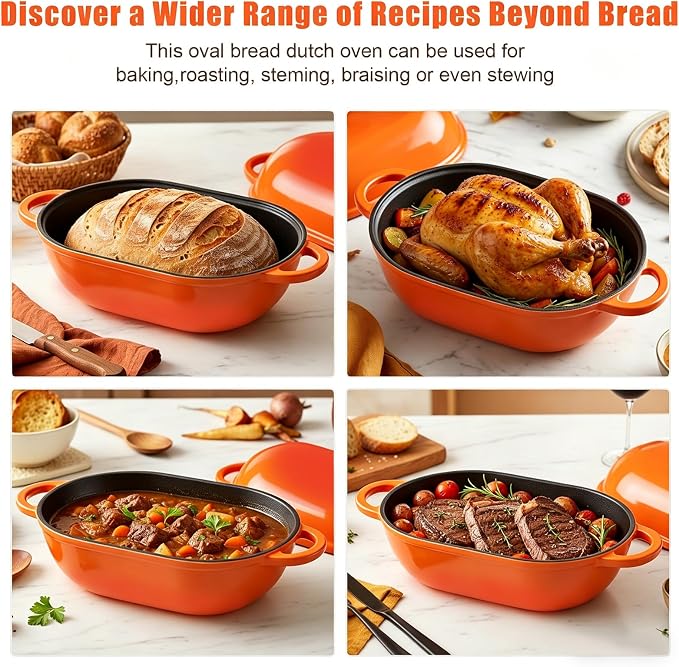 Enameled Cast Iron Sourdough Bread Oven, 2.5 QT Loaf Cast Iron Bread Pan with Lid, Oval Dutch Oven for Homemade Bread Baking, Meatloaf Pan with Lid (Orange)