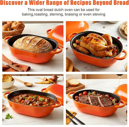 Enameled Cast Iron Sourdough Bread Oven, 2.5 QT Loaf Cast Iron Bread Pan with Lid, Oval Dutch Oven for Homemade Bread Baking, Meatloaf Pan with Lid (Orange)