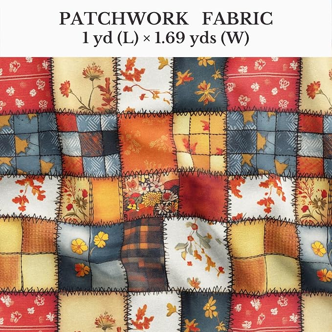 Autumn Patchwork Cotton Fabric Panel 61 x 36.6 Inches, Vintage Quilt Style Floral Printed Cotton Sewing Fabric, 140 GSM