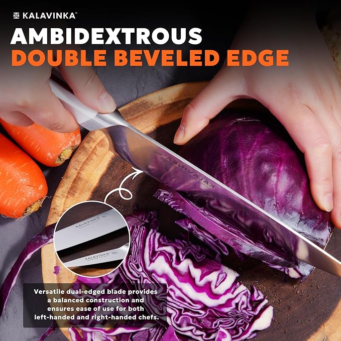 8 Inch Razor Sharp Chef Knife, High Carbon German Steel Blade with Comfortable Grip, Ideal for Meal Prep with Gift Box and 3.5 Inch Paring Knife, BBQ Knife (RUPA)