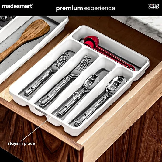 madesmart Small Silverware Tray, Compact 5 Compartment Flatware Organizer for Forks, Knives & Spoons, Non Slip, Soft Grip Lining, Fits Small Drawers, White