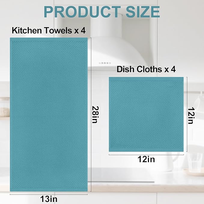Homaxy 100% Cotton Kitchen Towels and Dishcloths Set, 12 x 12 Inches and 13 x 28 Inches, Set of 8 Bulk Kitchen Towels Set, Ultra Soft Absorbent Dish Cloths for Washing Dishes, Lake Blue