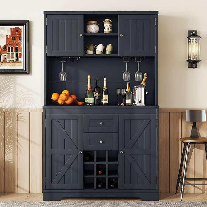 VilroCaz Farmhouse Freestanding Kitchen Pantry, Coffee Bar Cabinet Kitchen Buffet Cabinet with Drawers, Adjustable Shelves and Wine & Glass Racks for Dining Room, Kitchen (Antique Blue-2.16)