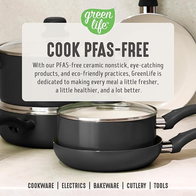 GreenLife 2-Piece Nonstick Frying Pan Set, 8” & 10” Skillets, Non-Toxic Ceramic Cookware, Dishwasher Safe, Stay-Cool Handles, Induction Ready, Fast Heating, Omelet Pan, PFAS Free, Graphite Black