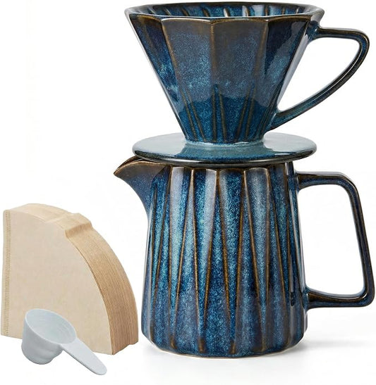 Pour Over Coffee Maker Set, Vintage Ceramic Coffee Dripper with 50 Paper Filters, 15oz/450ml, for Home Café Restaurant Camping