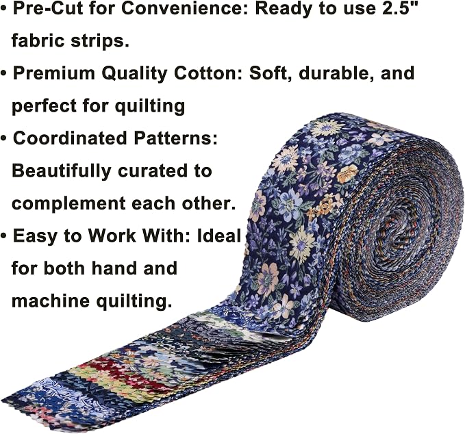 Nodsaw Jelly Roll Fabric Strips for Quilting, Crafting, and Sewing, 42 Strip 2.5" x 44" Floral Paisley Print Soft Cotton Fabric for Blanket, Rug, Upholstery, Home Decor, and DIY Crafts - Dark Blue