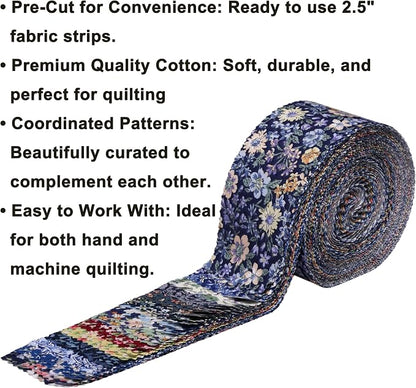 Nodsaw Jelly Roll Fabric Strips for Quilting, Crafting, and Sewing, 42 Strip 2.5" x 44" Floral Paisley Print Soft Cotton Fabric for Blanket, Rug, Upholstery, Home Decor, and DIY Crafts - Dark Blue