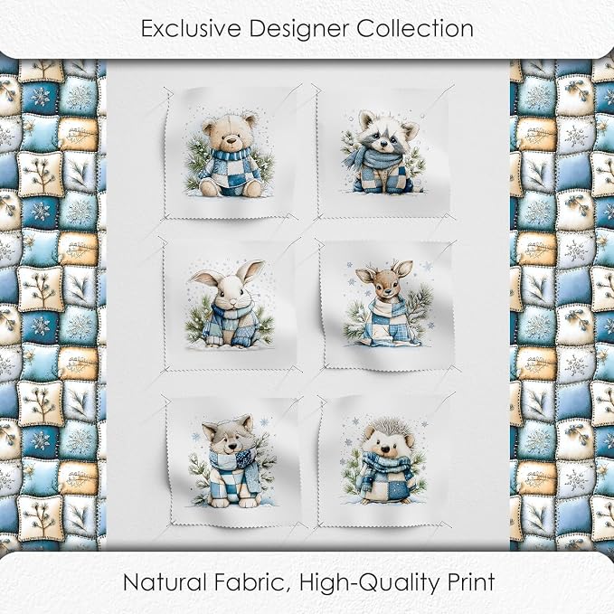Winter Animals Patchwork Quilting Fabric Panel – 6× (10×10 inch) Blocks + Bonus Patchwork Sheet 29.5×19.6 inch, 100% Cotton 140 GSM, Cozy Blue & Cream Woodland Theme