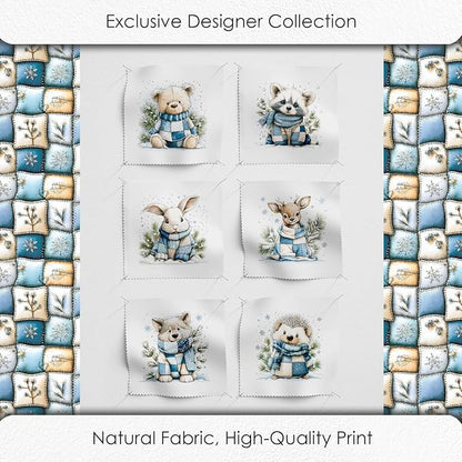Winter Animals Patchwork Quilting Fabric Panel – 6× (10×10 inch) Blocks + Bonus Patchwork Sheet 29.5×19.6 inch, 100% Cotton 140 GSM, Cozy Blue & Cream Woodland Theme