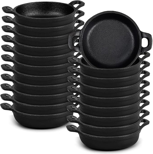 Ziliny 20 Pack Mini Cast Iron Skillets 5 x 5 x 1.3 Inch Cast Iron Pan Small Ramekin Set Black Casserole Dish Cookware Oven Safe Mini Skillets for Kitchen Indoor Outdoor Picnic
