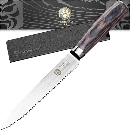 KESSAKU Serrated Utility Knife - 5.5 inch - Samurai Series - Razor Sharp Kitchen Knife - Forged 7Cr17MoV High Carbon Stainless Steel - Wood Handle with Blade Guard