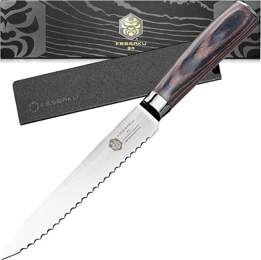 KESSAKU Serrated Utility Knife - 5.5 inch - Samurai Series - Razor Sharp Kitchen Knife - Forged 7Cr17MoV High Carbon Stainless Steel - Wood Handle with Blade Guard