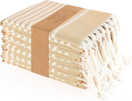 TWINY threads Set of 6 100% Cotton Turkish Kitchen Towels with Hanging Loop & Tassels (18" X 28") | Ultra Washcloth with Fringes | Reusable Hand Towels - Mustard Yellow