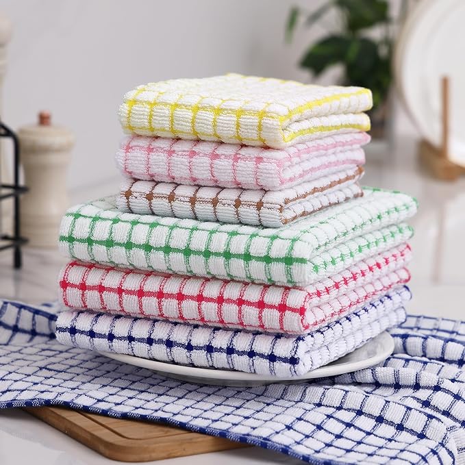 Homaxy Kitchen Towels and Dishcloths Set, 16 x 25 and 12 x 12 Inches, Set of 12 Cotton Terry Kitchen Dish Towels, Super Soft and Absorbent Dish Cloths, Red/Blue/Yellow/Green/Pink/Brown
