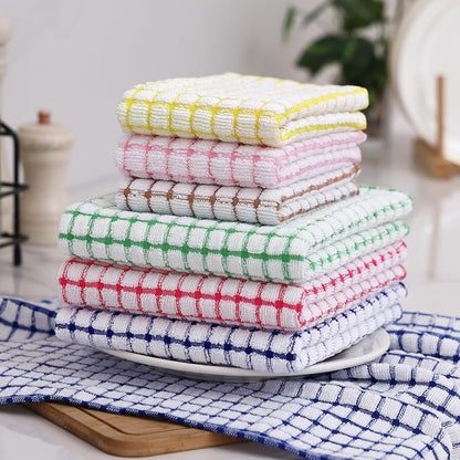 Homaxy Kitchen Towels and Dishcloths Set, 16 x 25 and 12 x 12 Inches, Set of 12 Cotton Terry Kitchen Dish Towels, Super Soft and Absorbent Dish Cloths, Red/Blue/Yellow/Green/Pink/Brown