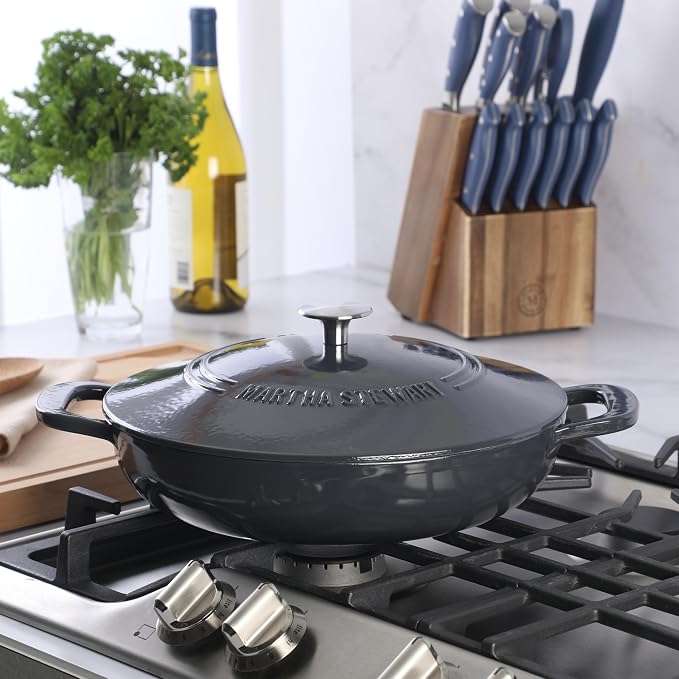 Martha Stewart Gatwick Enameled Cast Iron Braiser with Lid, 3.5-Quart Braiser Pan for Stovetop & Oven, Cast Iron Braising Pan, Grey