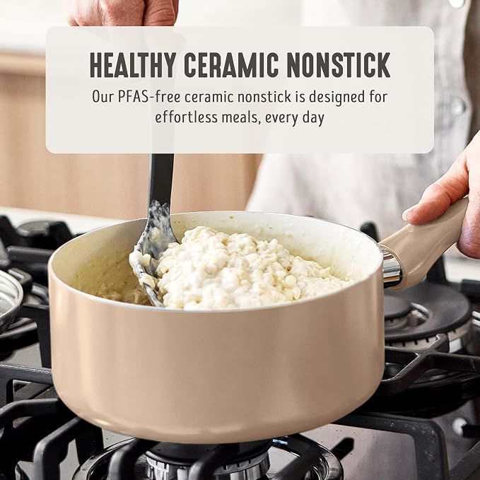 GreenLife 2 Quart Nonstick Saucepan with Lid, Non-Toxic Ceramic Pot, Dishwasher Safe, Stay-Cool Handle, Induction Ready, Fast Heating, PFAS Free, Easy Clean, Beige Taupe